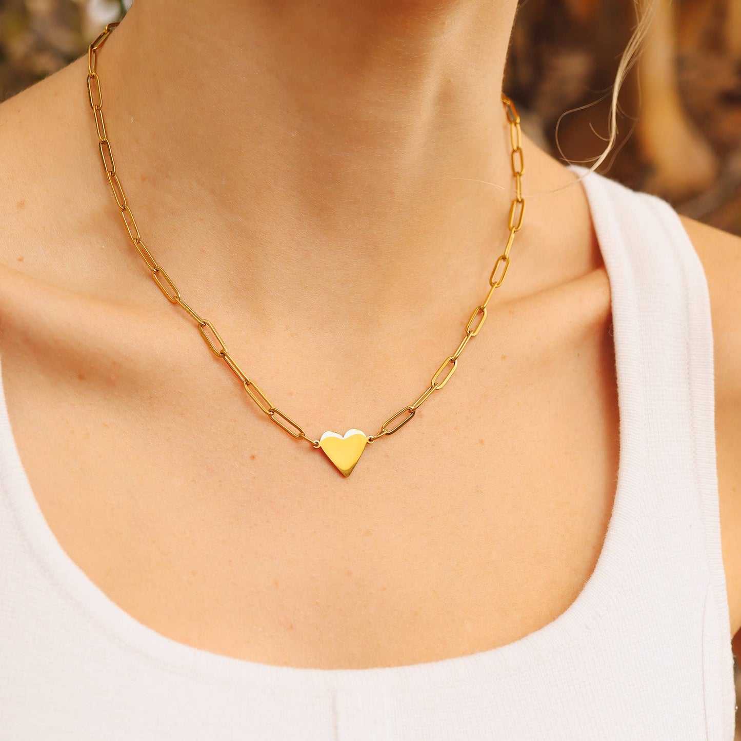 Stainless Steel Gold Heart Paperclip Necklace for Engraving: Gold