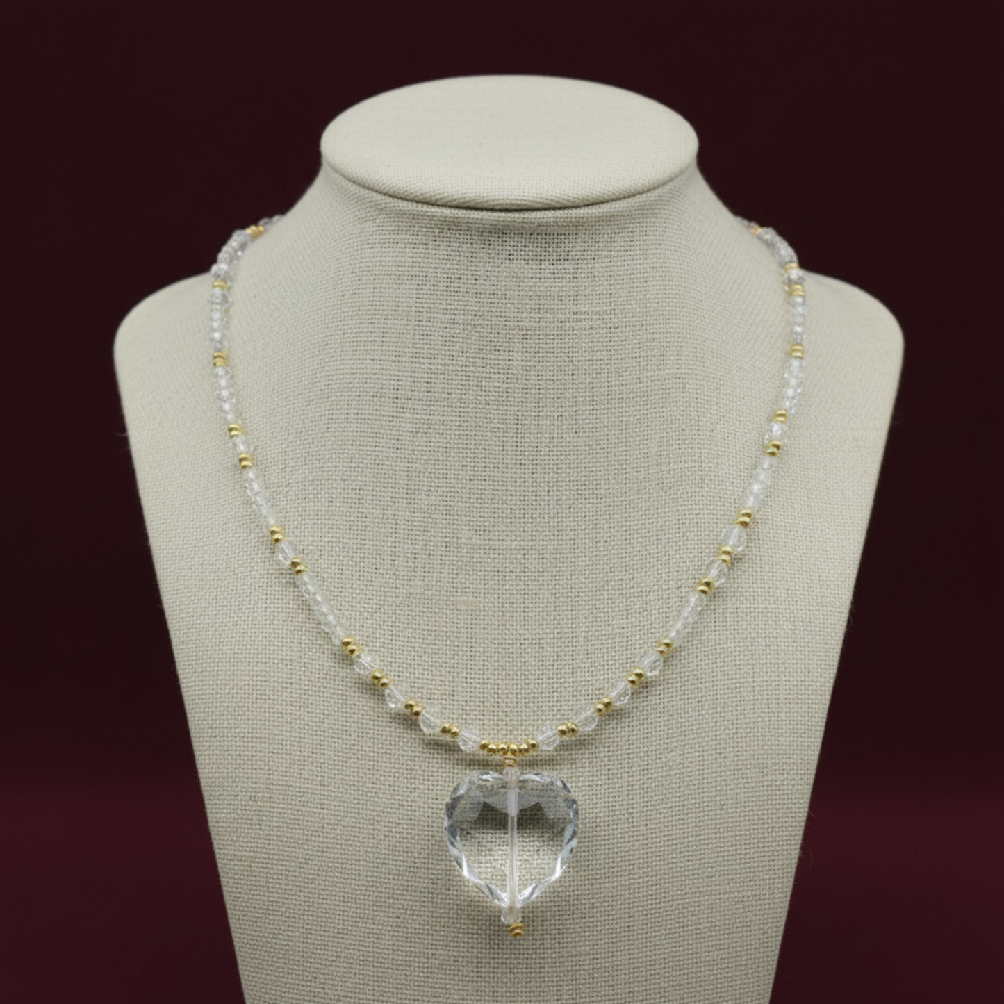 Clear Quartz and Gold-filled Glass Beads with Clear Quartz Heart Pendant