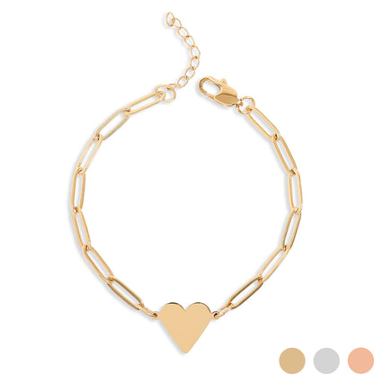 18K PVD Coated Stainless Steel Paperclip Heart Bracelet: Gold / 7+1"