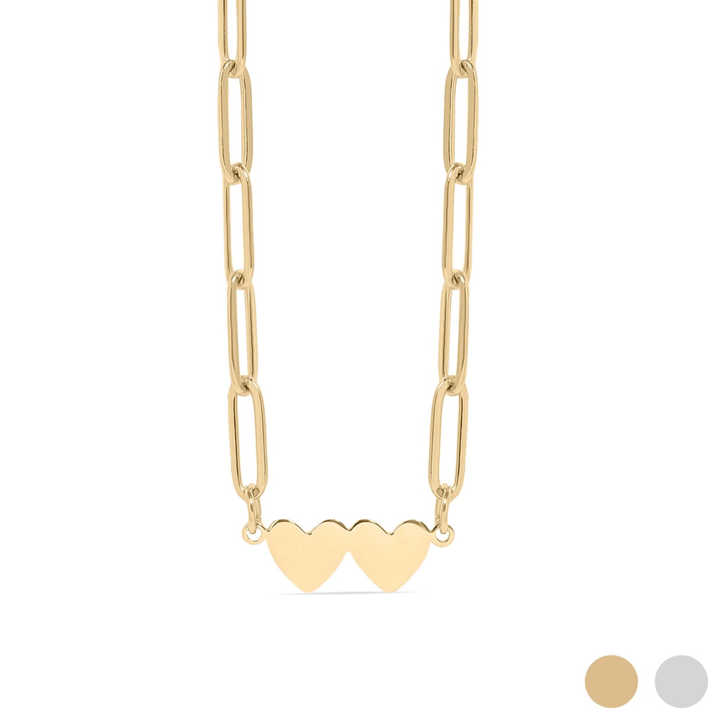 Stainless Steel Engravable 2 Heart Paperclip Necklace: Gold