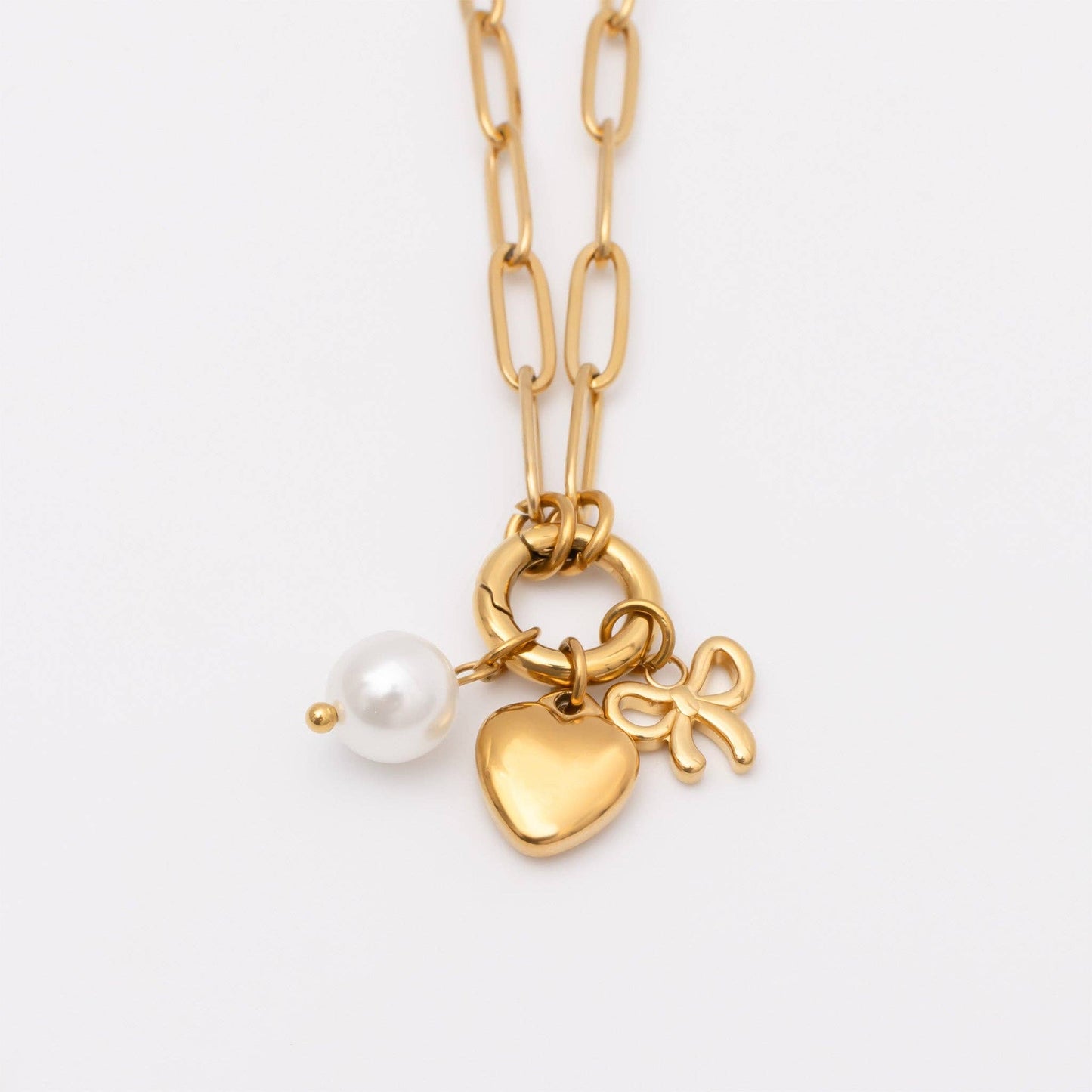 18K Gold Stainless Steel Bow Charm Holder Necklace Gift Set: Gold