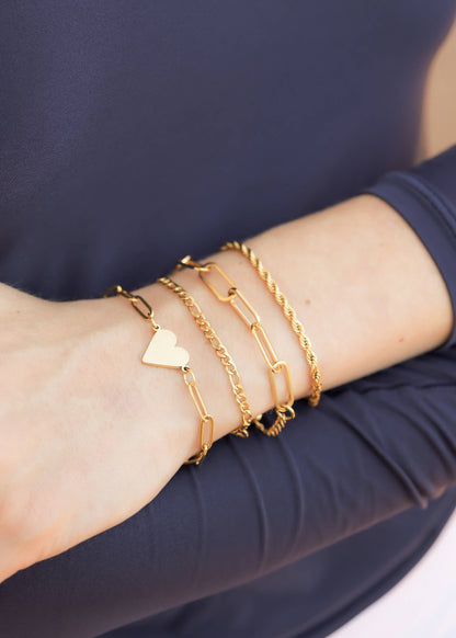 18K PVD Coated Stainless Steel Paperclip Heart Bracelet: Gold / 7+1"
