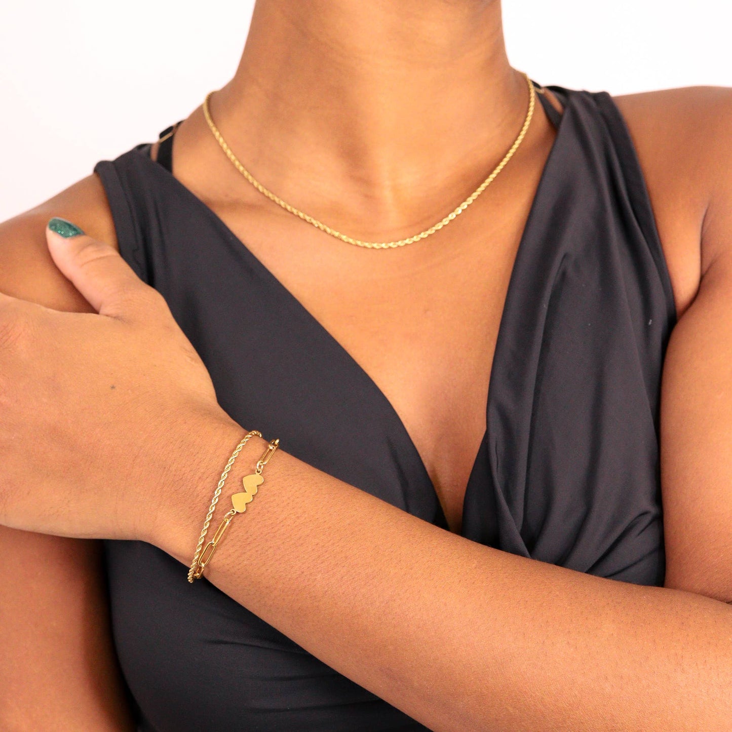 Stainless Steel Engravable 2 Heart Paperclip Bracelet: Gold