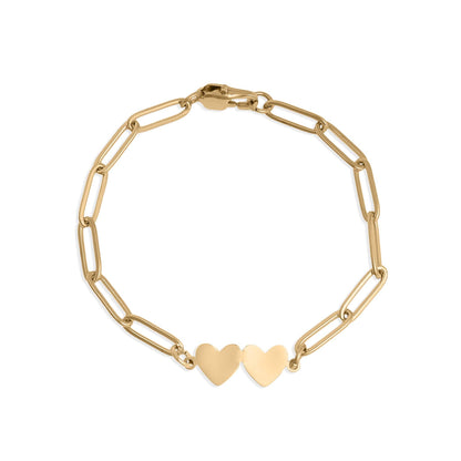 Stainless Steel Engravable 2 Heart Paperclip Bracelet: Gold