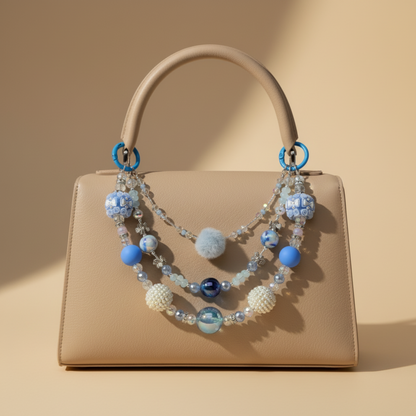 Beige handbag with a decorative purse charm made of blue, white, and metal beads on a beige background