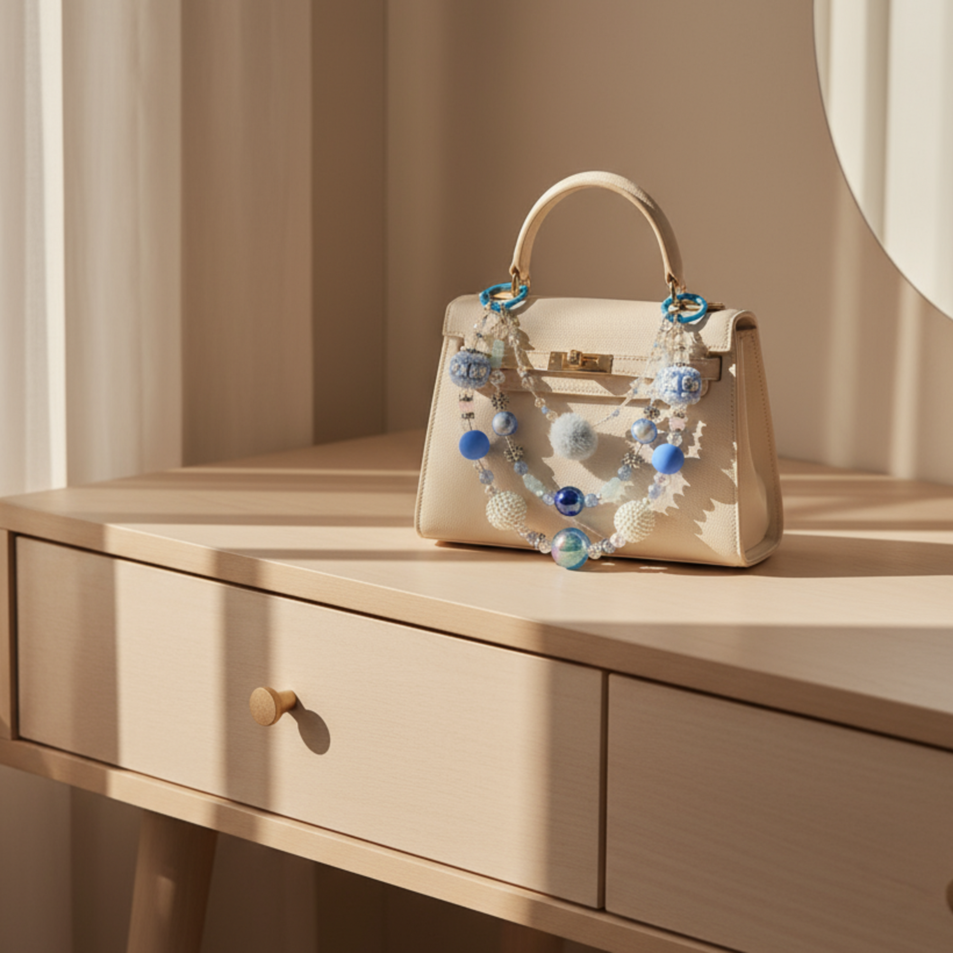 Beige handbag with purse charm accessory on a wooden surface