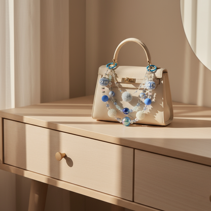 Beige handbag with purse charm accessory on a wooden surface