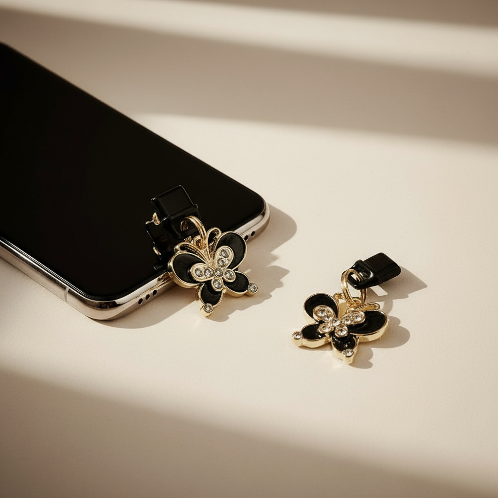 Butterfly-shaped phone accessories on a smartphone with a neutral background