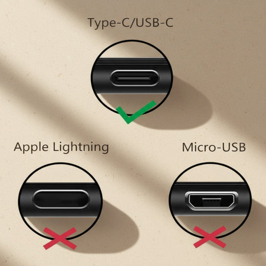 Comparison of Type-C/USB-C, Apple Lightning, and Micro-USB connectors on a beige background.