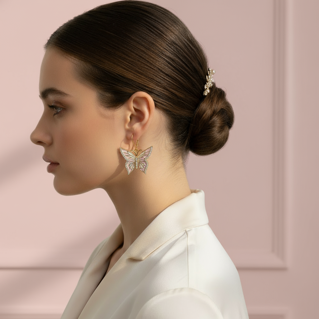 Woman wearing butterfly earrings with a pink background
