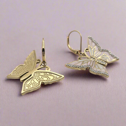 A pair of gold-plated butterfly earrings with leverback clasps.