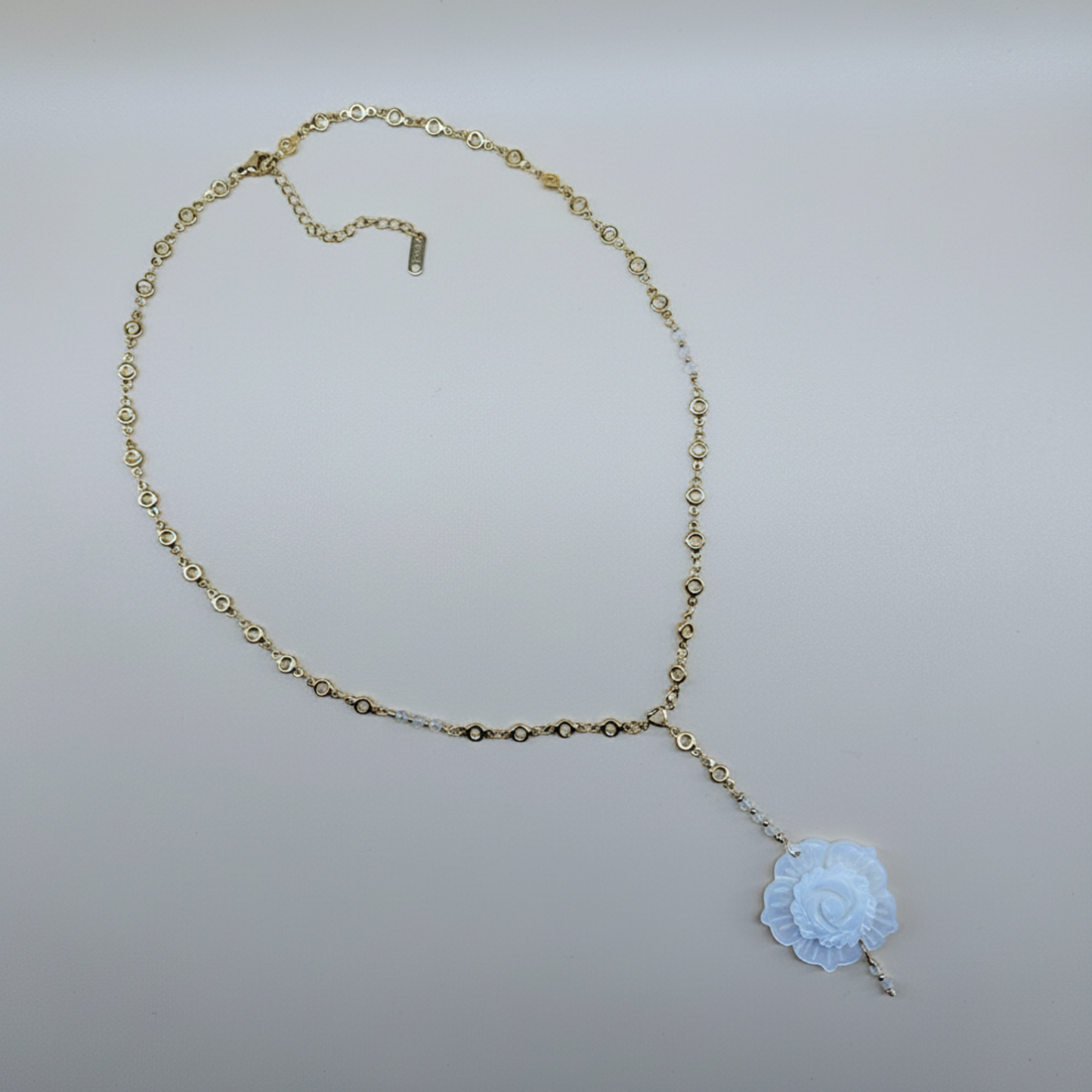 Gold-Plated Stainless-Steel Necklace with Rose Quartz Faceted Beads and Shell Rose Pendant