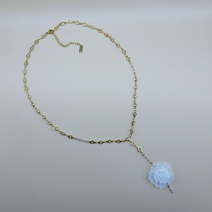 Gold-Plated Stainless-Steel Necklace with Rose Quartz Faceted Beads and Shell Rose Pendant