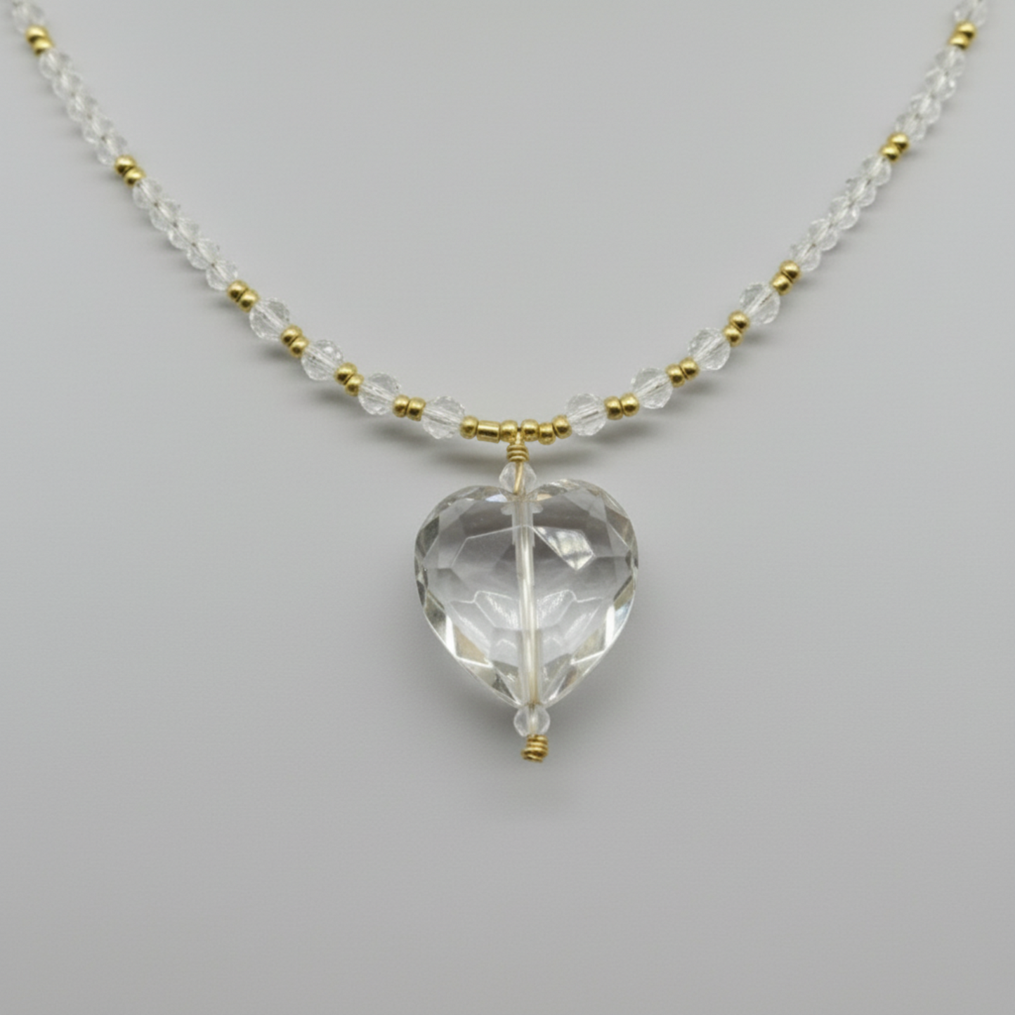 Clear Quartz and Gold-filled Glass Beads with Clear Quartz Heart Pendant