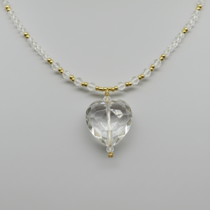 Clear Quartz and Gold-filled Glass Beads with Clear Quartz Heart Pendant