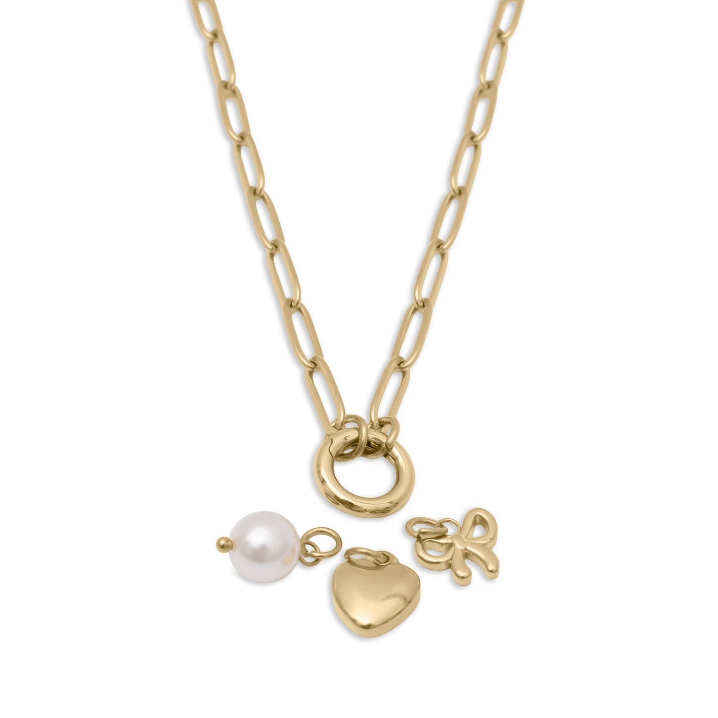 18K Gold Stainless Steel Bow Charm Holder Necklace Gift Set: Stainless