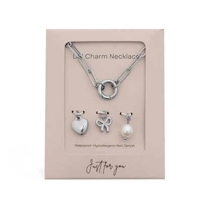 18K Gold Stainless Steel Bow Charm Holder Necklace Gift Set: Gold