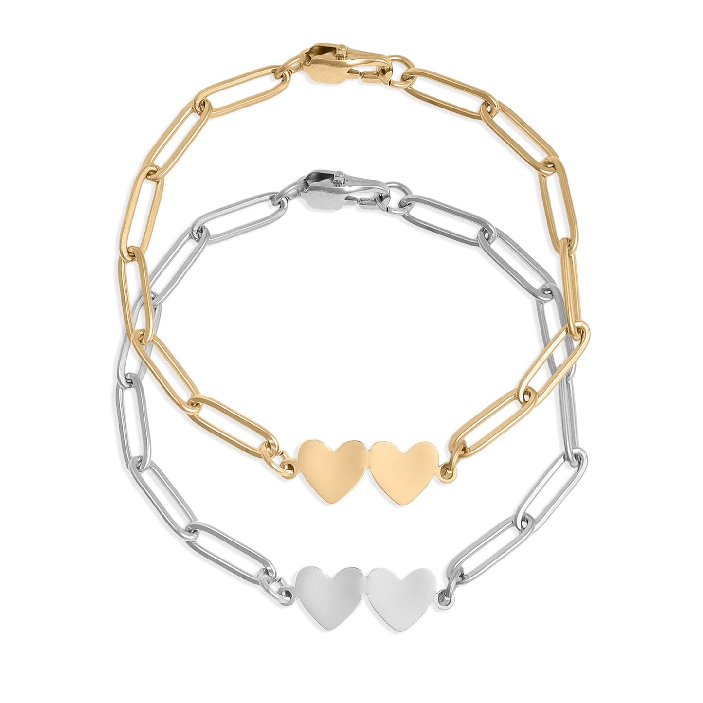Stainless Steel Engravable 2 Heart Paperclip Bracelet: Stainless Steel