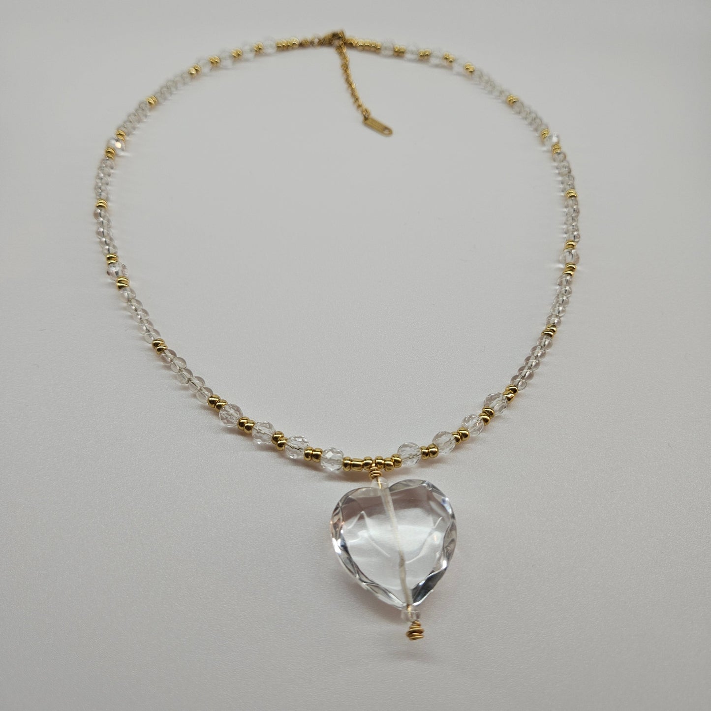 Clear Quartz and Gold-filled Glass Beads with Clear Quartz Heart Pendant