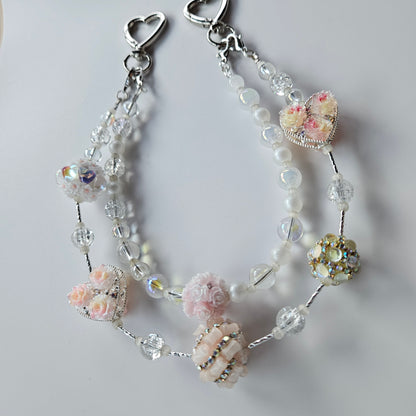 Metal Heart & Bedazzled Beads Bag Charm - Pink & Yellow