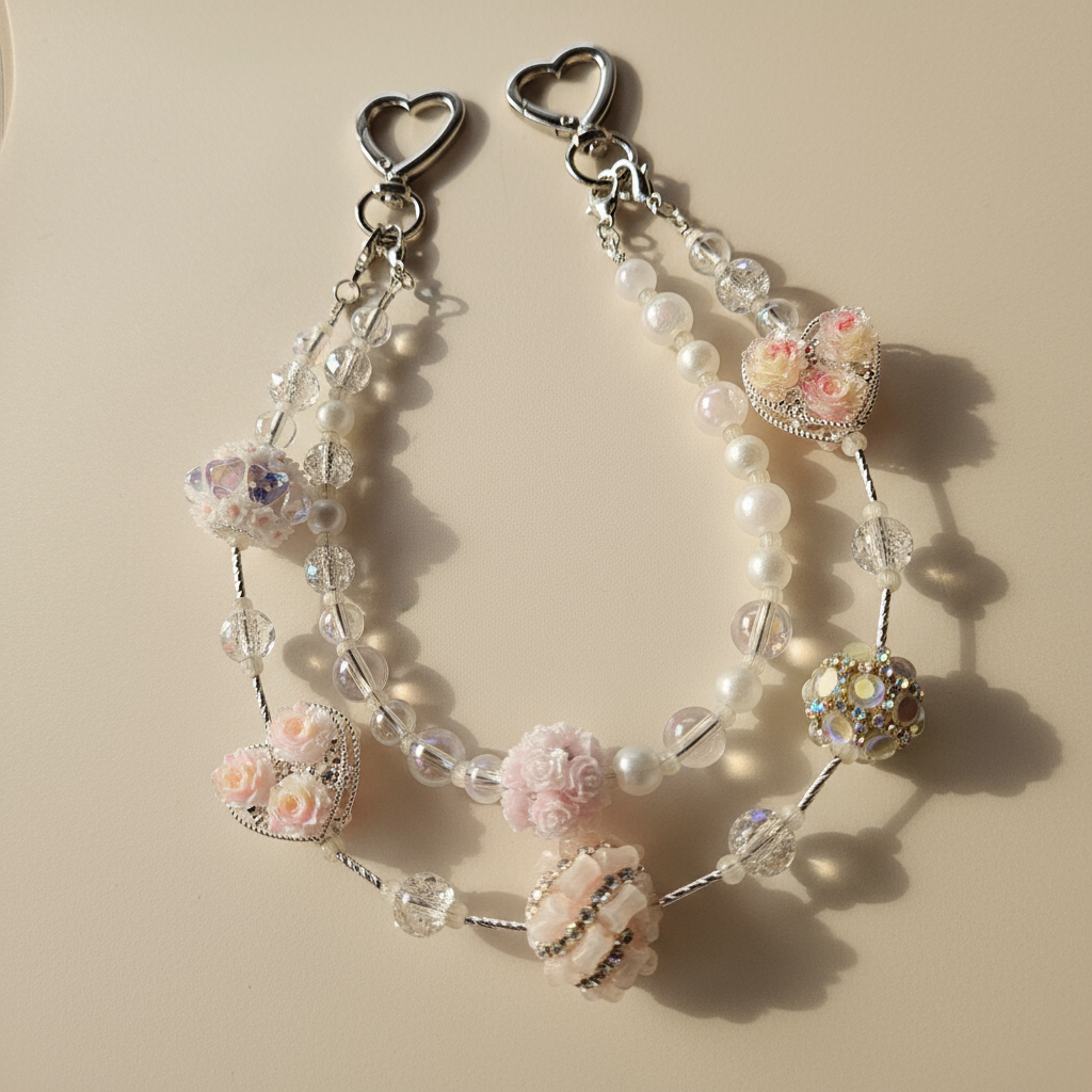 Metal Heart & Bedazzled Beads Bag Charm - Pink & Yellow