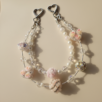 Metal Heart & Bedazzled Beads Bag Charm - Pink & Yellow