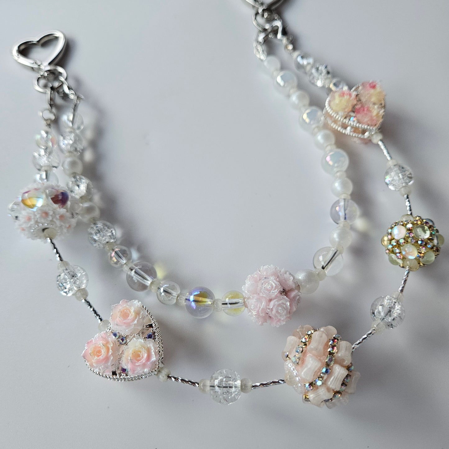Metal Heart & Bedazzled Beads Bag Charm - Pink & Yellow