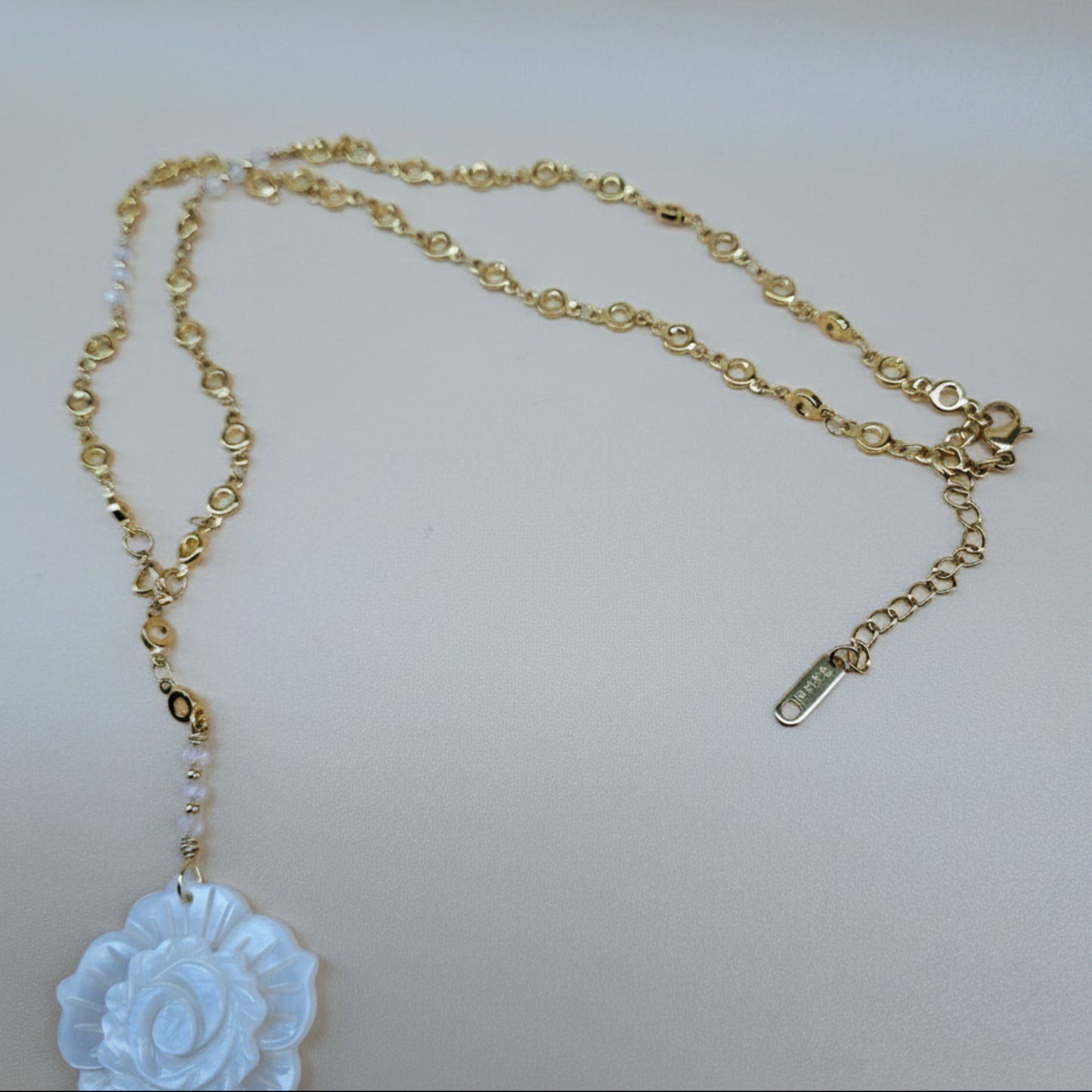 Gold-Plated Stainless-Steel Necklace with Rose Quartz Faceted Beads and Shell Rose Pendant