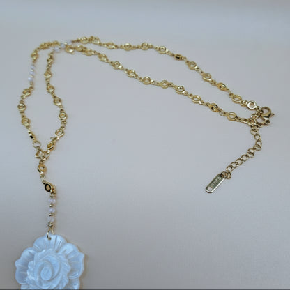 Gold-Plated Stainless-Steel Necklace with Rose Quartz Faceted Beads and Shell Rose Pendant