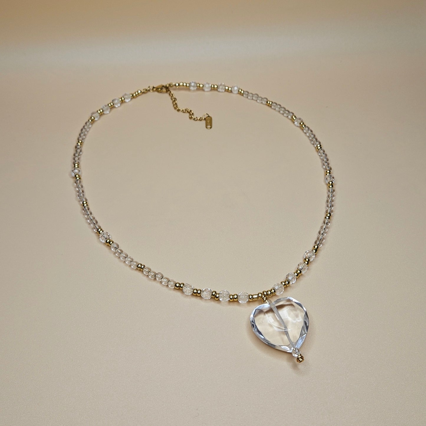 Clear Quartz and Gold-filled Glass Beads with Clear Quartz Heart Pendant