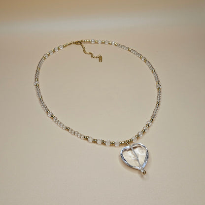 Clear Quartz and Gold-filled Glass Beads with Clear Quartz Heart Pendant