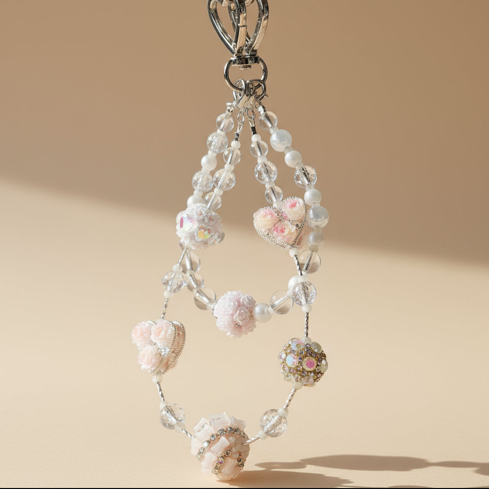 Metal Heart & Bedazzled Beads Bag Charm - Pink & Yellow