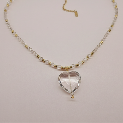 Clear Quartz and Gold-filled Glass Beads with Clear Quartz Heart Pendant