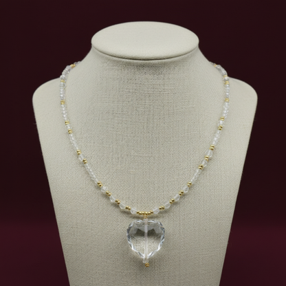 Clear Quartz and Gold-filled Glass Beads with Clear Quartz Heart Pendant