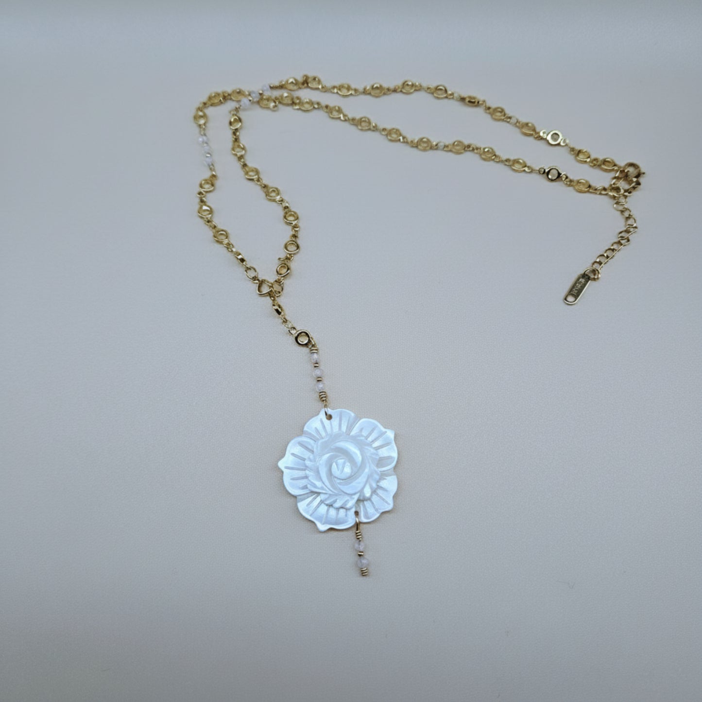 Gold-Plated Stainless-Steel Necklace with Rose Quartz Faceted Beads and Shell Rose Pendant