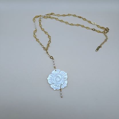 Gold-Plated Stainless-Steel Necklace with Rose Quartz Faceted Beads and Shell Rose Pendant
