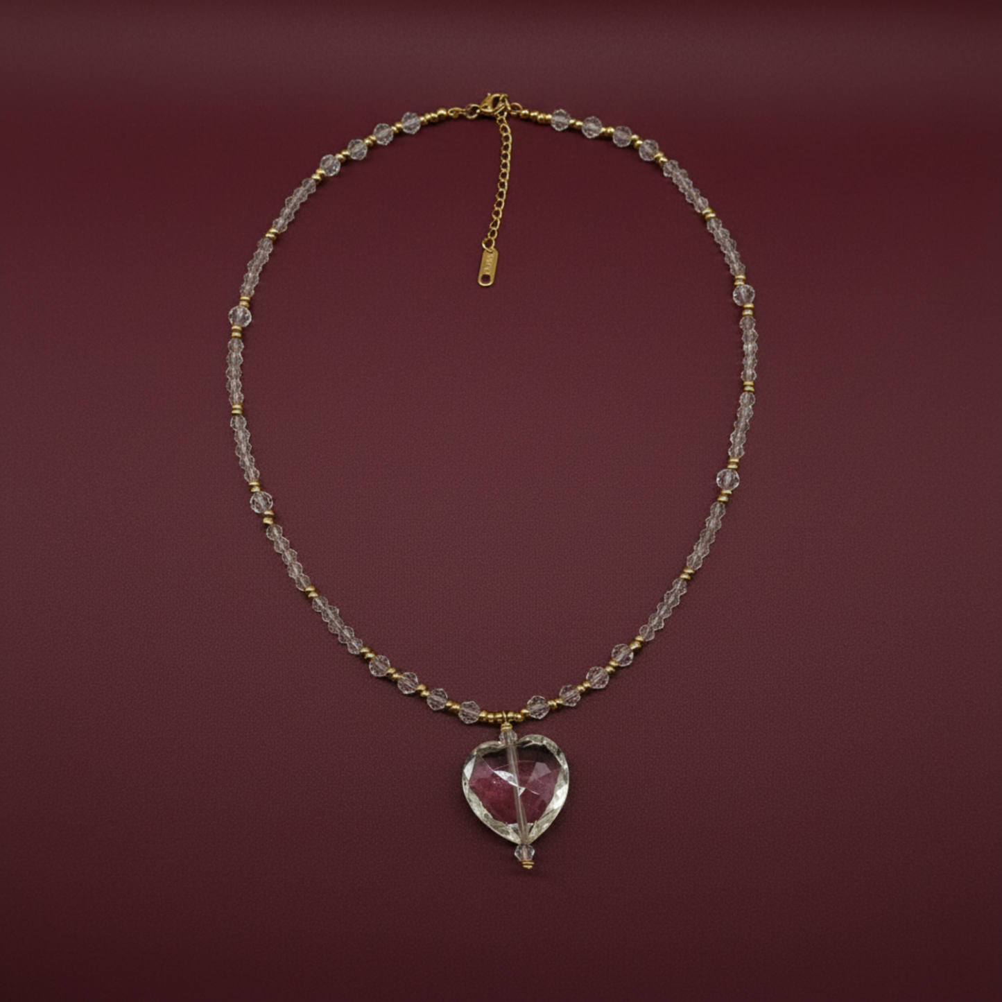 Clear Quartz and Gold-filled Glass Beads with Clear Quartz Heart Pendant