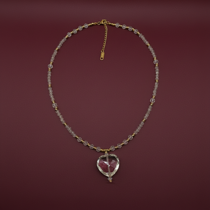 Clear Quartz and Gold-filled Glass Beads with Clear Quartz Heart Pendant