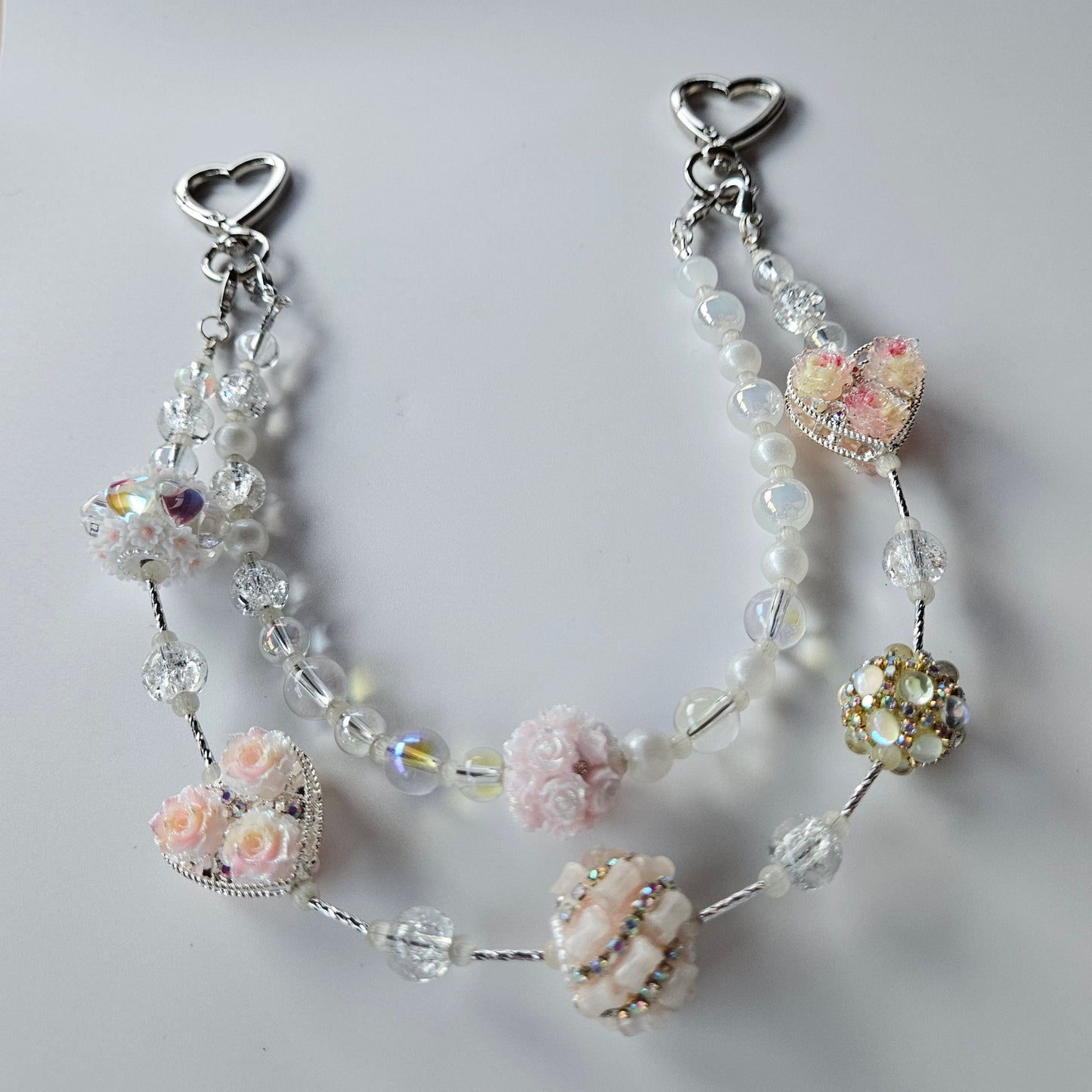 Metal Heart & Bedazzled Beads Bag Charm - Pink & Yellow