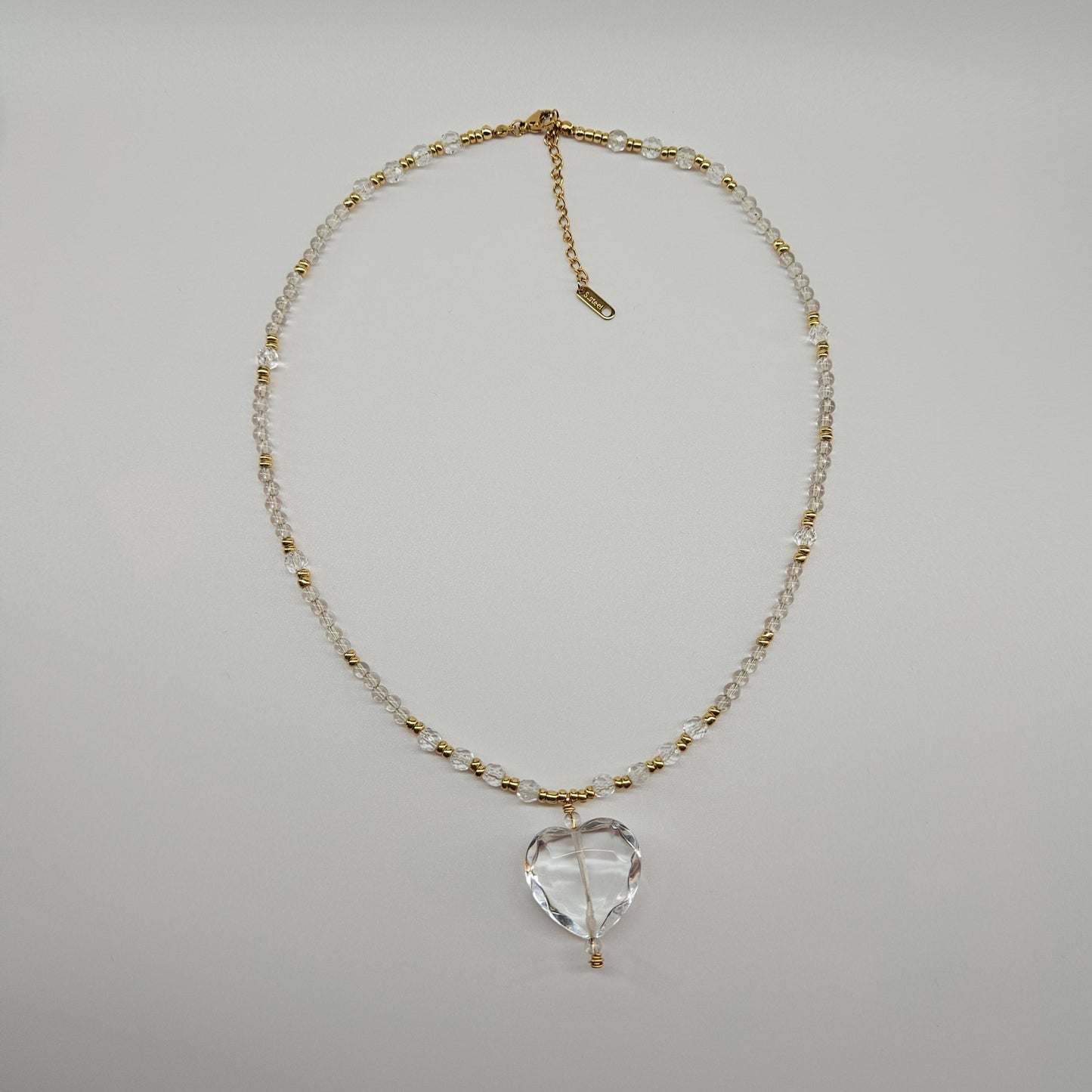 Clear Quartz and Gold-filled Glass Beads with Clear Quartz Heart Pendant