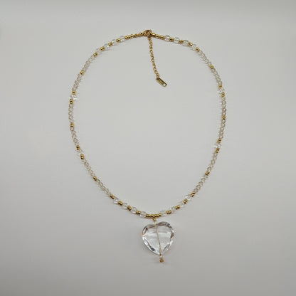 Clear Quartz and Gold-filled Glass Beads with Clear Quartz Heart Pendant